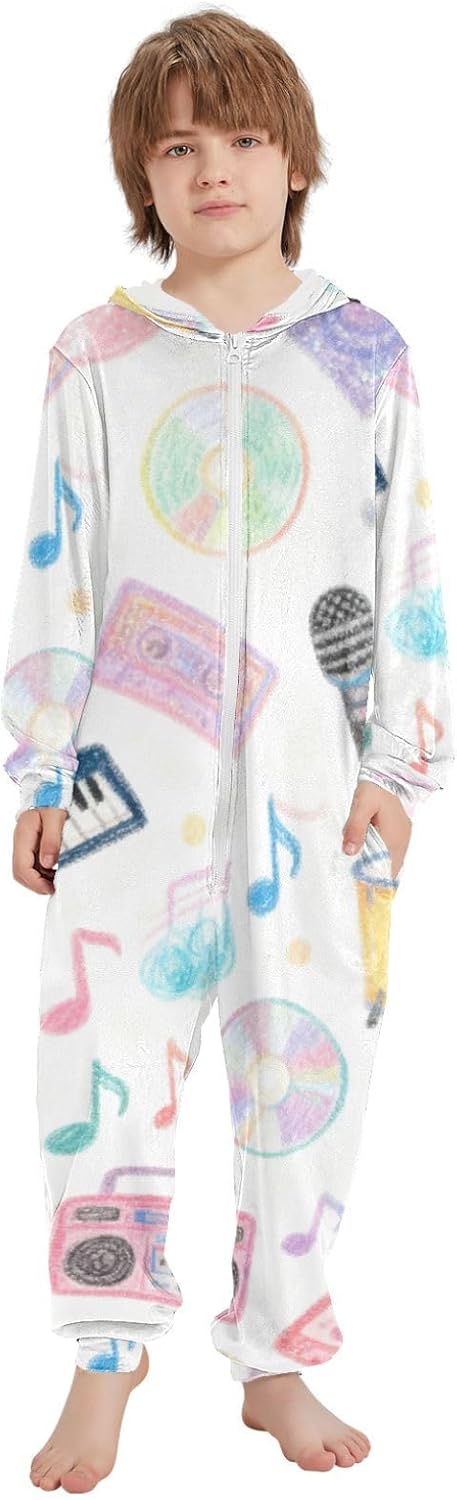 Cartoon Cute Light Color Instrument Soft Casual Pajama Hooded One-Piecing Sleeper Loungewear Parties Sleepovers