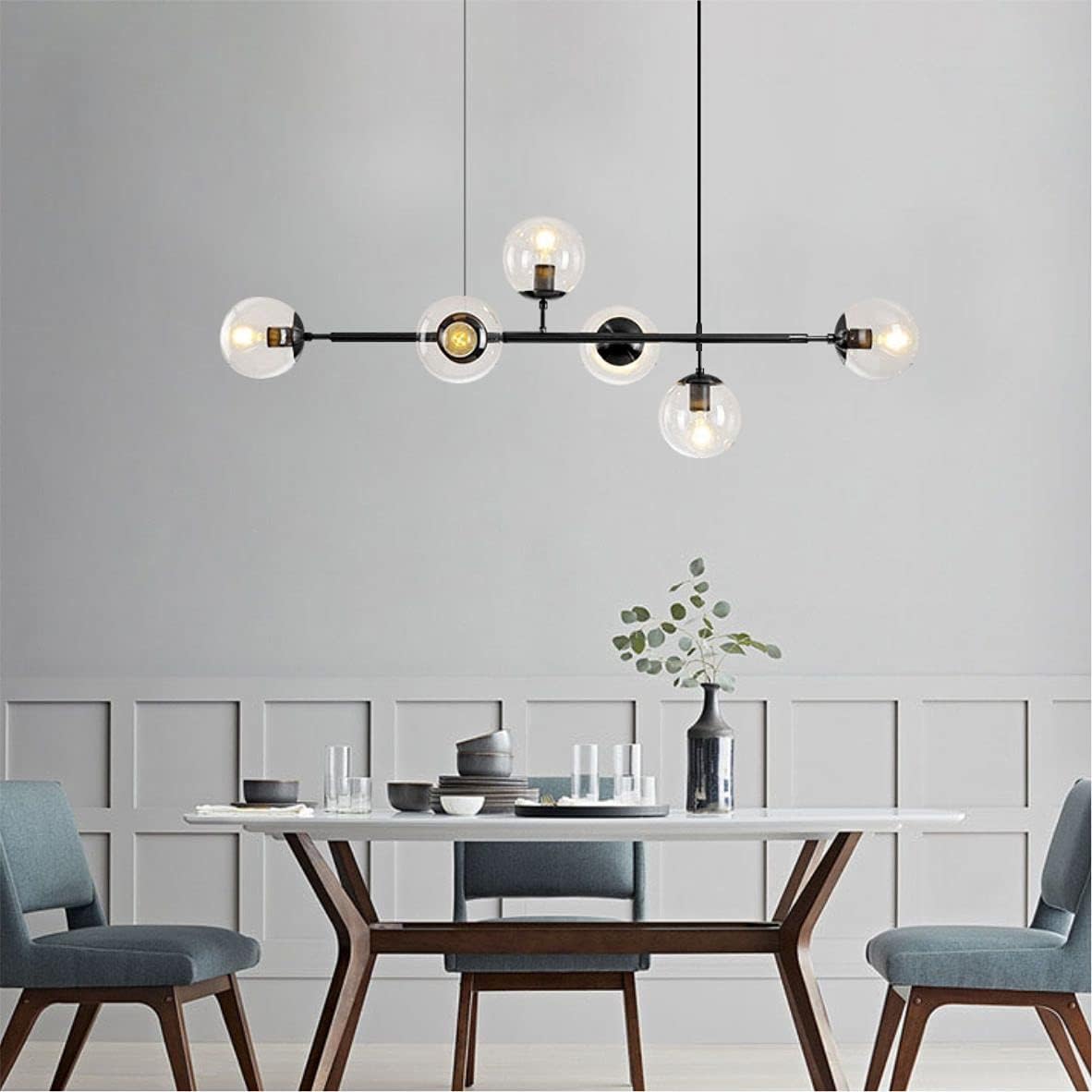 BOKT 6-Light Clear Glass Globe Pendant Light Mid Century Modern Rectangular Sputnik Chandelier Vintage Black Linear Kitchen Island Dining Pendant Lighting Fixture