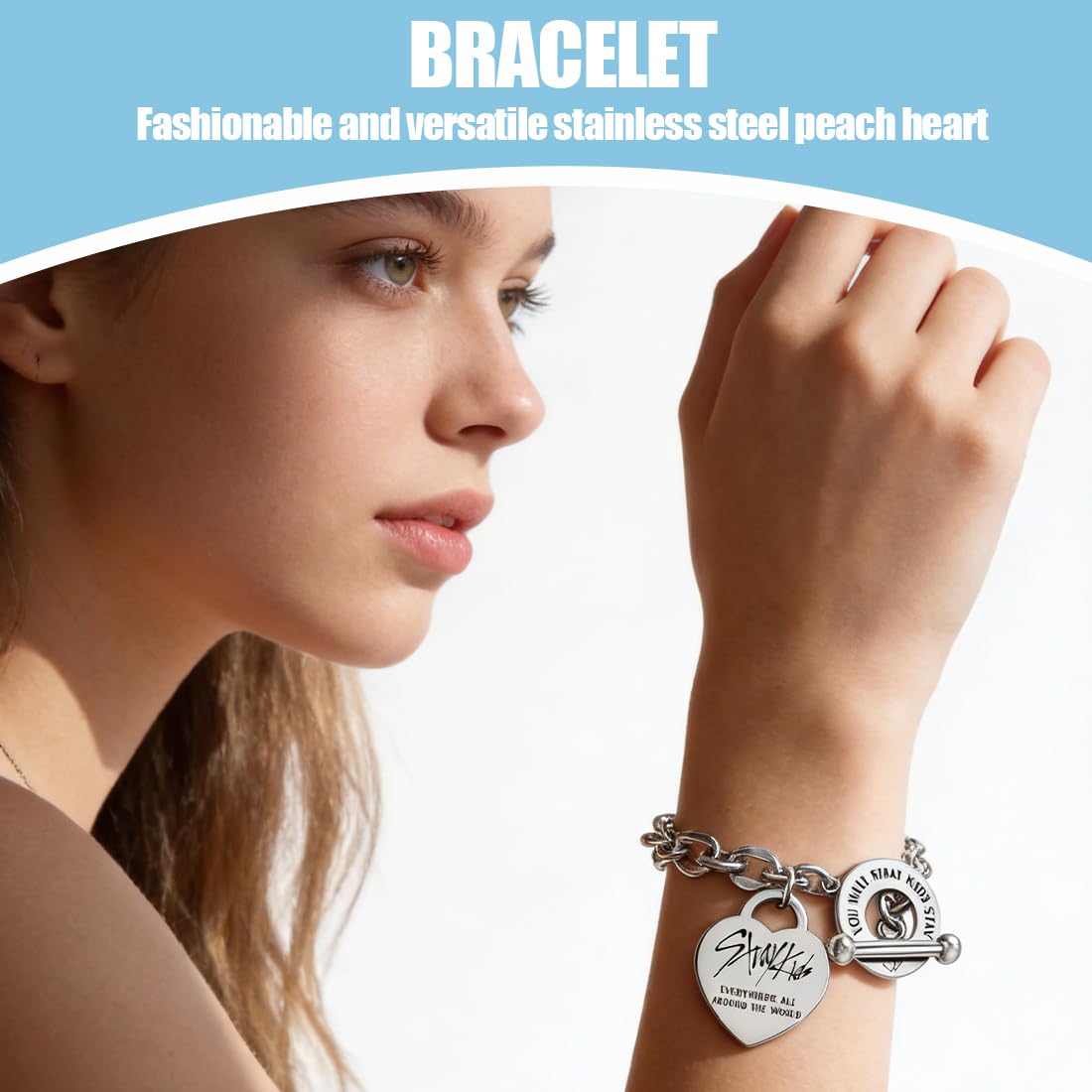 Stay Pulsera de acero inoxidable,Stay-Kids Merch,Pulsera Unisex de Plata,con Colgante de Corazón,Ajustable,Kpop Merchandise,Perfecto para Fans y Regalos