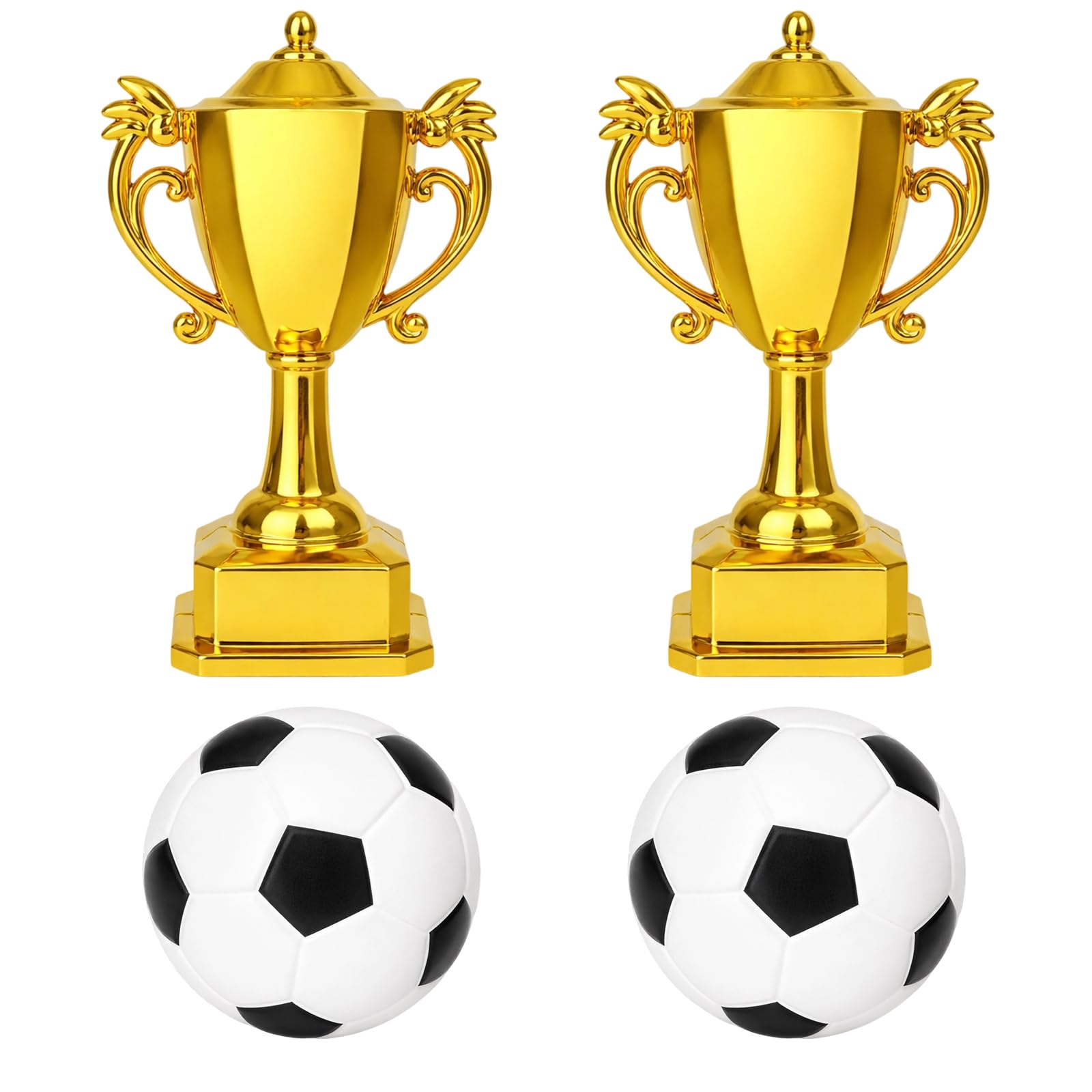 Football Cake Toppers for Boys, Football Cake Decorations with Mini Footballs and Trophies, 4-Piece Set for Football Themed Cakes, Cake Topper Set with Plastic Football and Trophy Components