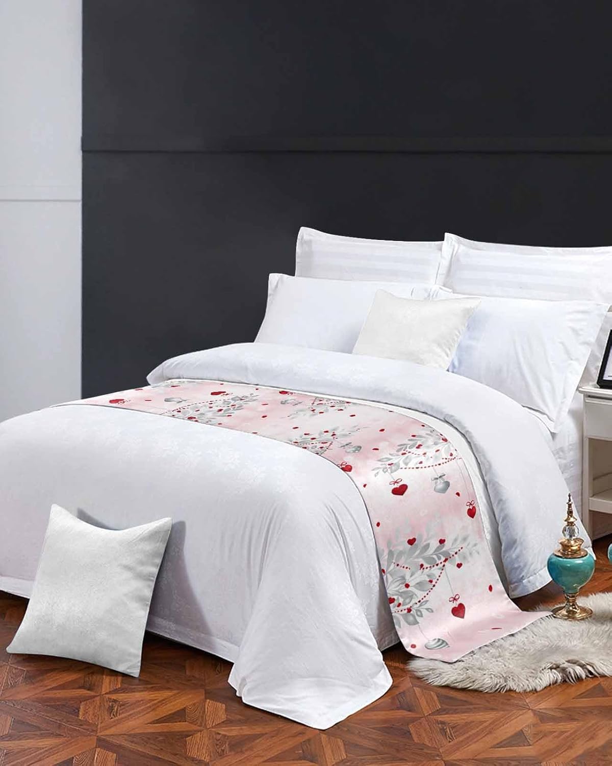 Valentine's Silver Love Bed Runner Scarf Bedding Accessory For Full Size Bed,Soft Bed Scarves And Runners Stainproof Dustproof Bedroom Protector For Hotel,Ombre Pink Eucalyptus Leaves 83"x20"