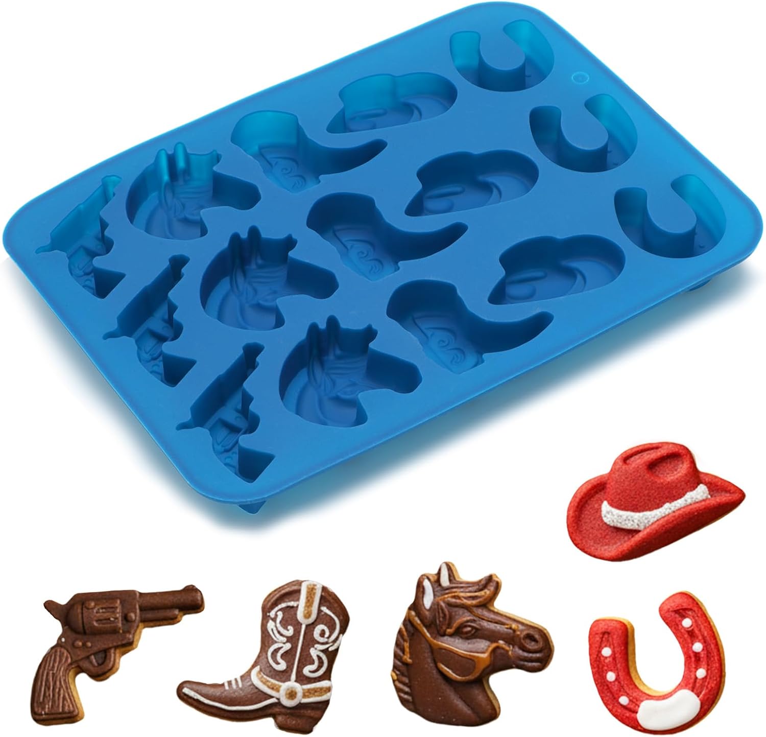 Cowboy Silicone Gummy Molds, 3D Western Themed Chocolate Molds Silicone with Cowboy Horse Boots Hat Saddle Shapes for DIY Baking Cupcake Cake Candy Party Desserts Decorations(Blue)