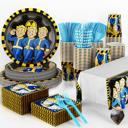 141pcs Faout Game Birthday Tableware Decorations Party Plates Cups Faout Game Theme Napkins Beach Ball Tablecloth for Party Decoration