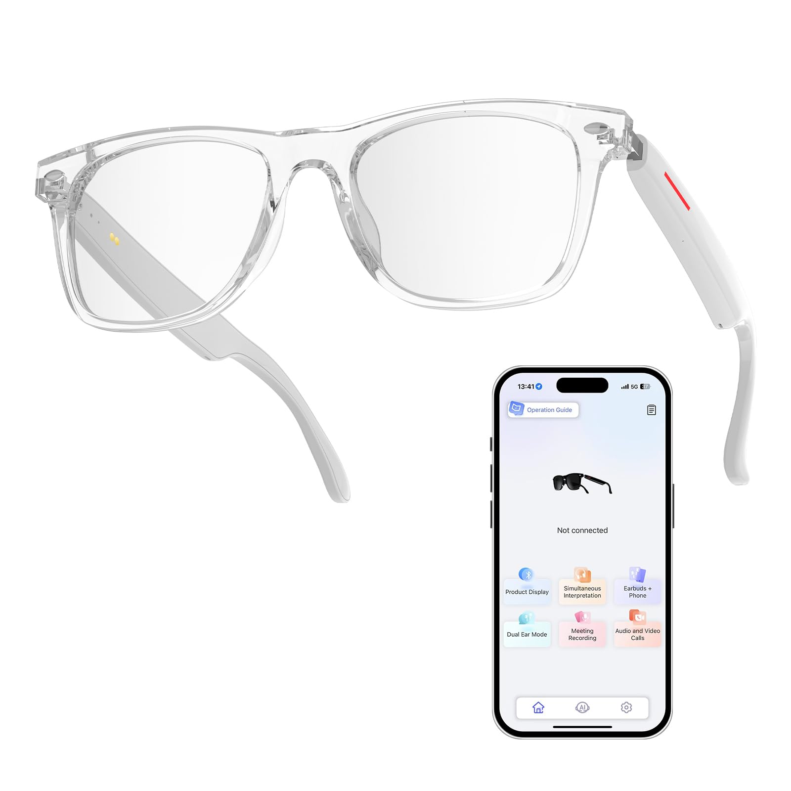 WGP Smart Glasses with AI Translation, Support 110+ Languages, Blue Light Blocking Glasses, Voice Recorder with App, Open Ear Headphones, Bluetooth Audio Glasses for Woman&Man(White) AI-White