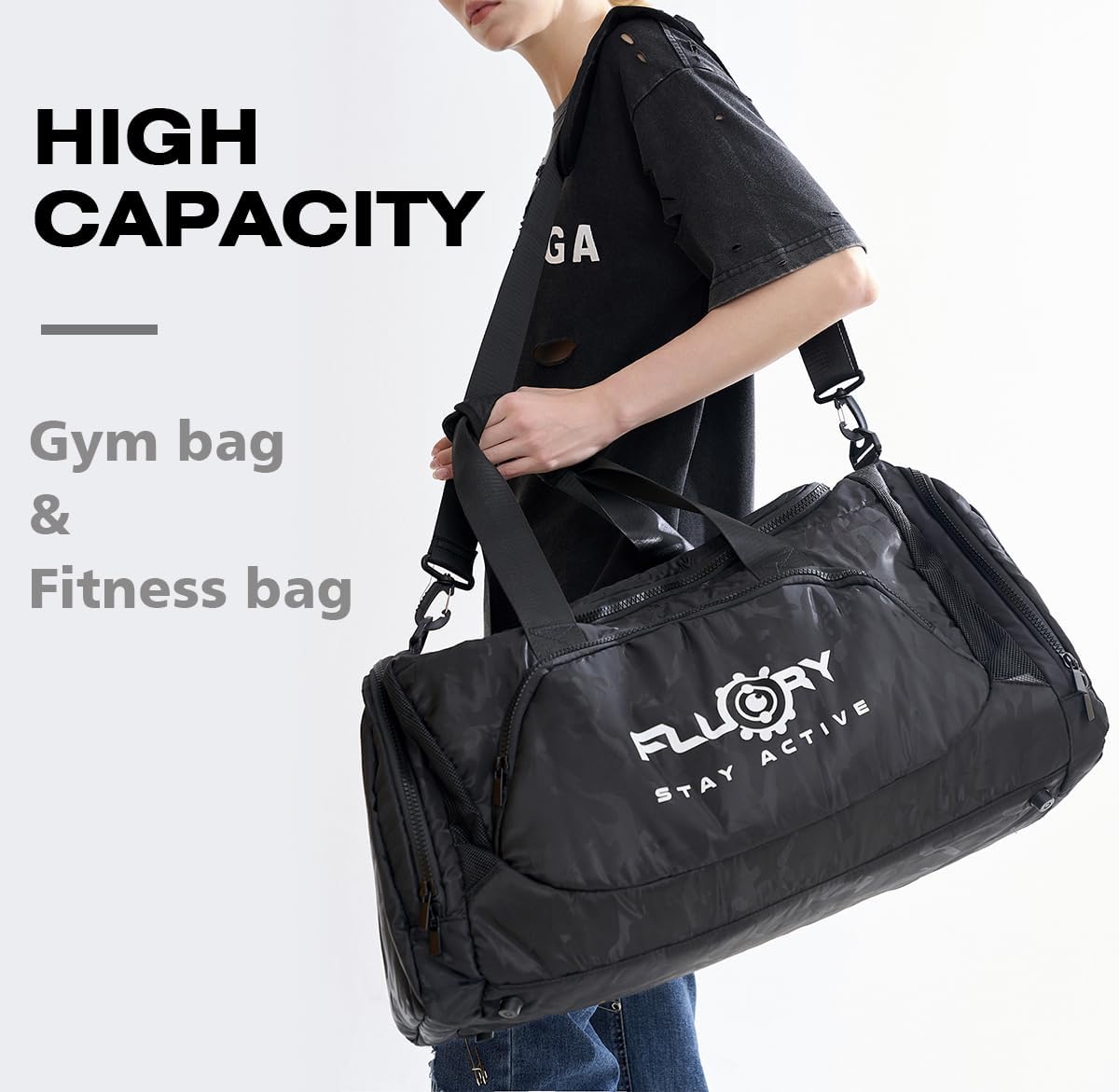 FLUORY Duffle Bag, 45L Large Capacity, Breathable mesh, Wear-Resistant Training Bag for Men Women, Duffle Bag with Shoe Compartment for Workout Travel Boxing, MMA, Fitness