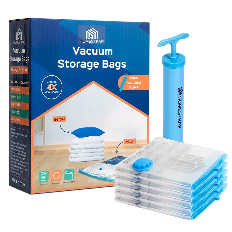 HomeStrap Vacuum Storage Bags with Pump Pack of 5 (Small)| Airtight and Reusable Space Saver Double Ziplock Compression Bags with Vacuum Pump|Creates 4x More Space for Clothes, Winterwear, Blankets