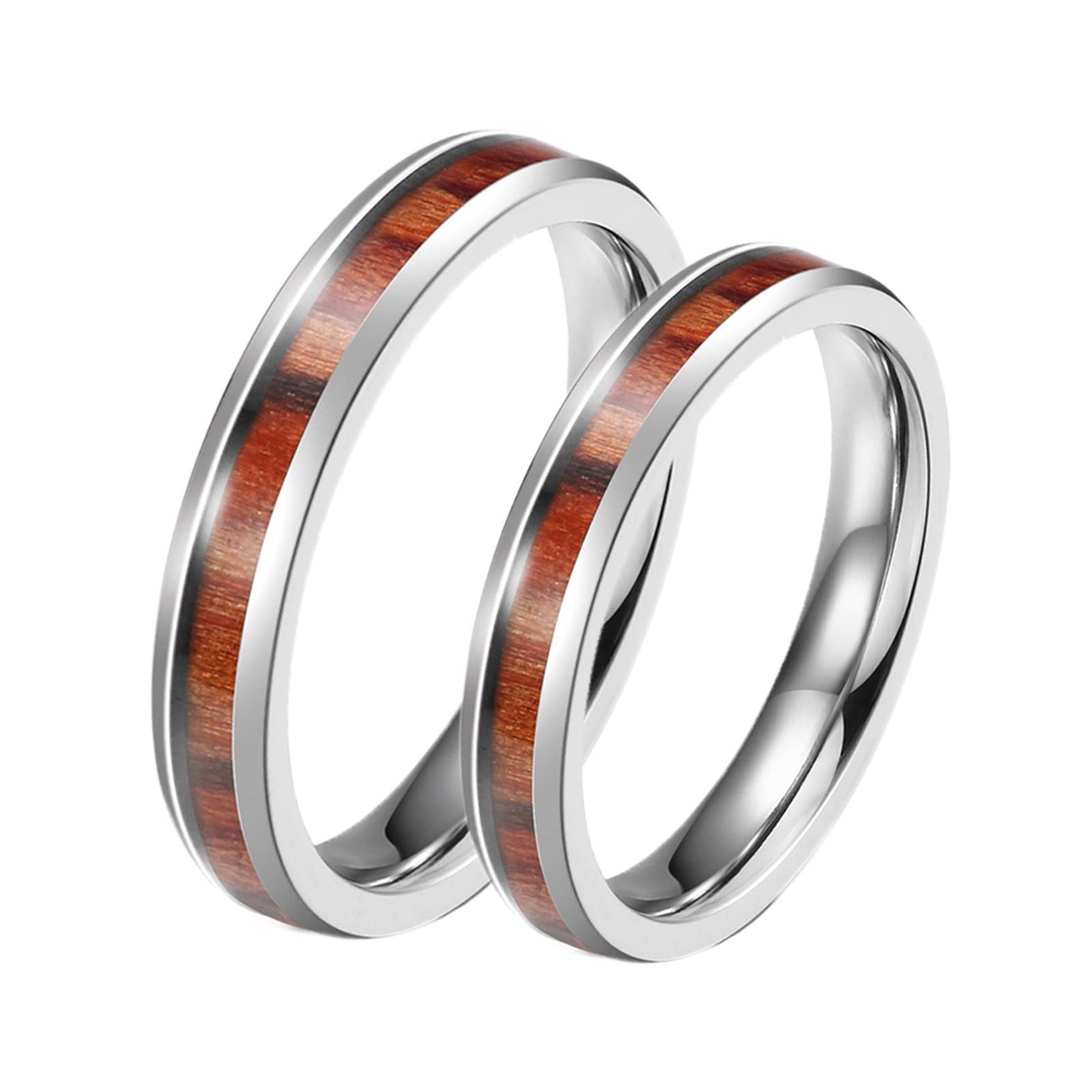 Anillo Boda Plata Pareja, Anillos Boda Mujer Acero Inoxidable 2 Piezas Anillo de Madera con Incrustaciones de 4mm