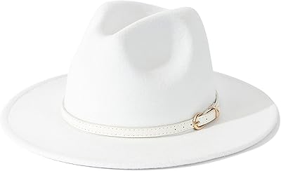 Lisianthus Women White Fedora Wide Brim Panama Hats with Color Belt Buckle (White)