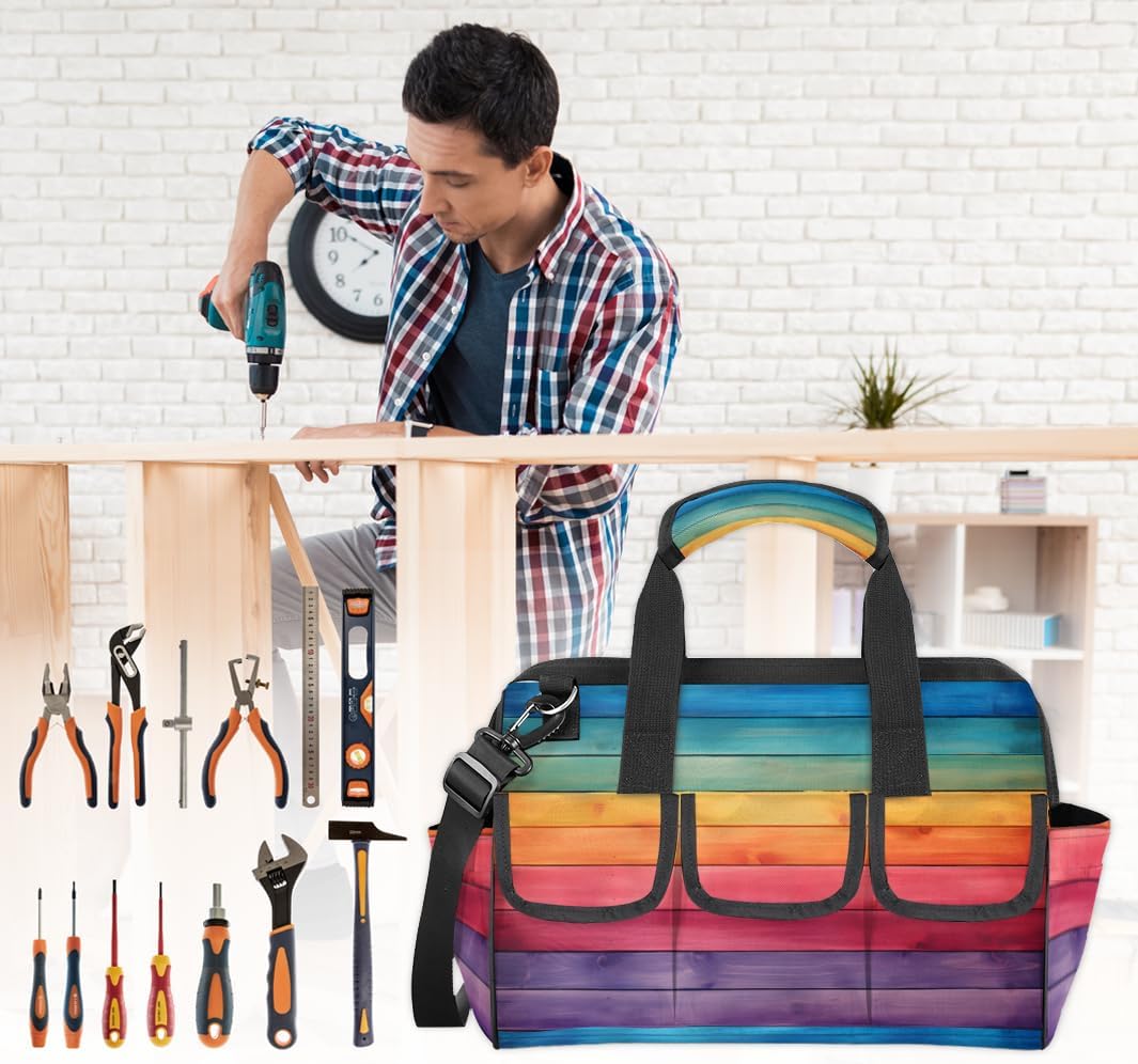 Rainbow Heavy Duty Tool Bag 14.8 Inch Rainbow Wood Portable Soft Tool Box Organizer Storage with Adjustable Shoulder Strap