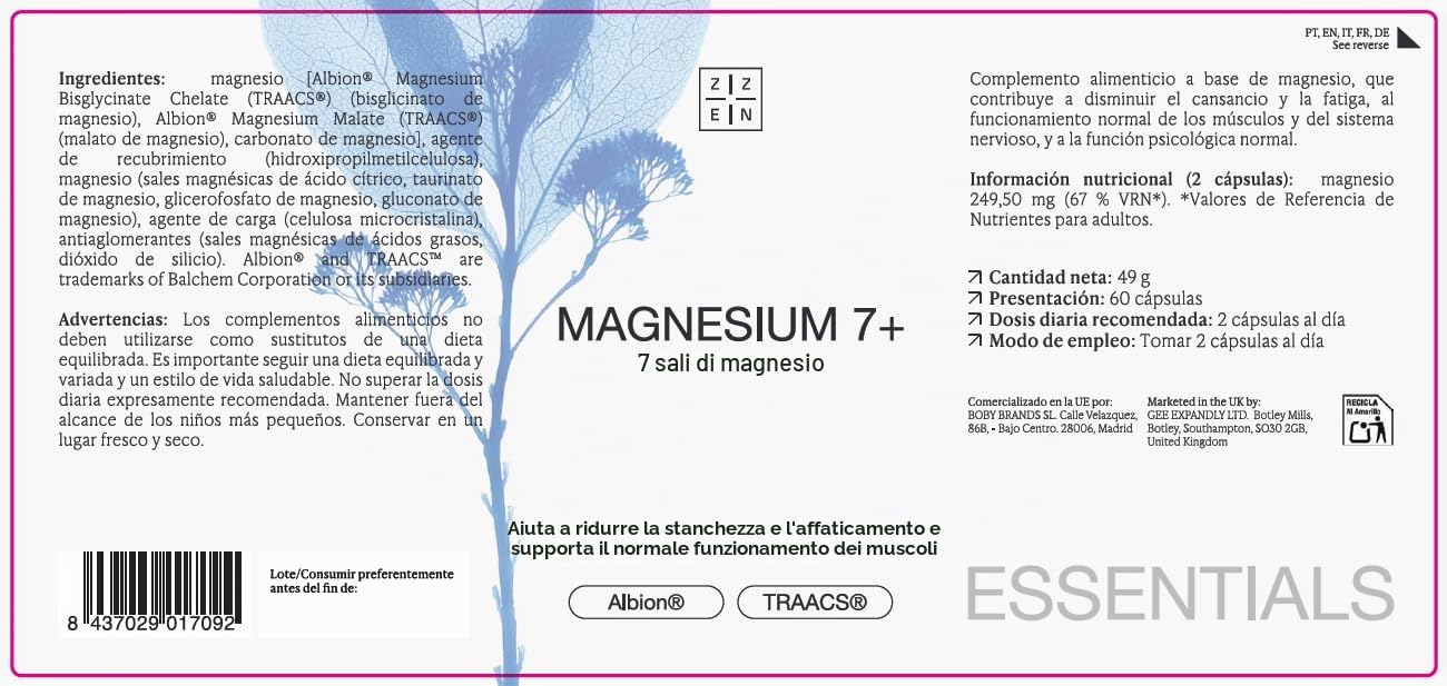 ZZEM Magnesium 7+ Magnesio Completo 249mg - Integratore con Bisglicinato, Malato, Citrato, Carbonato, Taurinato, Glicerofosfato e Gluconato - 60 Capsule Vegane e senza Glutine (Set di 3)