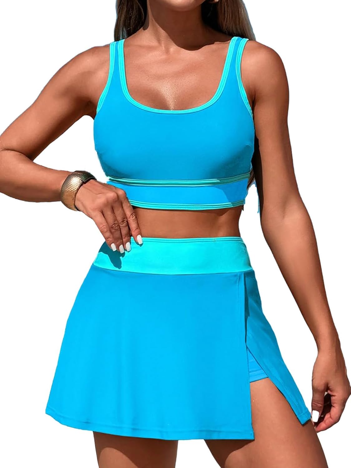 Women's High Waisted Bikini Set Two Piece Swimsuit Spaghetti Straps Swim Skirt Tummy Control Color Block Bathing Suit