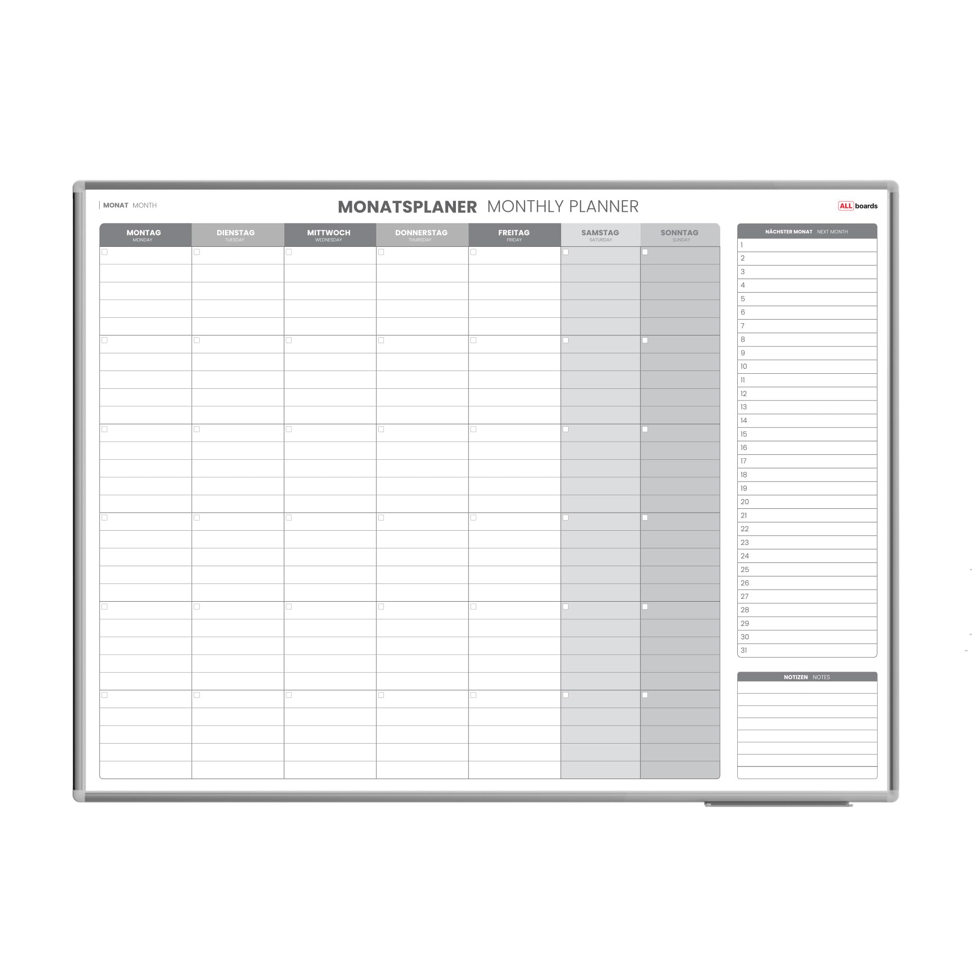 ALLboards Magnetischer Monatsplaner 120x90cm für Monatsplanungen, einfach zu beschreiben Monatsplaner Wandkalender Memoboard Magnettafel auf Deutsch