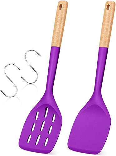 Paquete de 2 espátulas de silicona, juego de utensilios de cocina antiadherentes, volteador de cocina con mango de madera para hornear, mezclar,