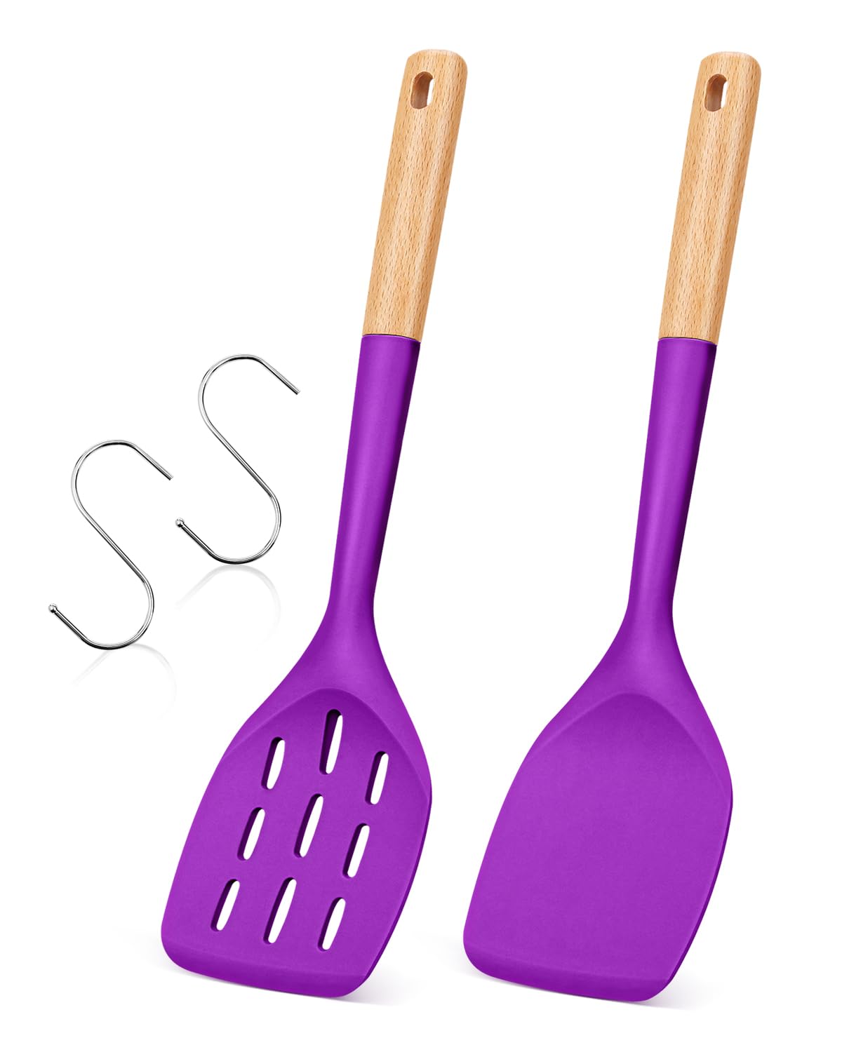 Pack of 2 Silicone Spatula, Non Stick Cooking Utensil Set, Wooden Handle Kitchen Turner for Baking Mixing Grilling Serving Food Heat Resistant (BERRY)