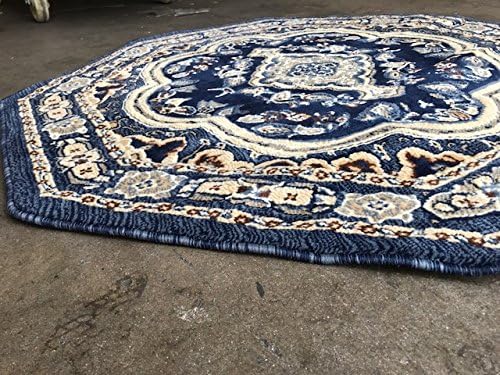 Miniatura 8 de emirates Alfombra tradicional persa octagonal azul oscuro, azul claro, marrón y gris, diseño 520 (4 pies x 4 pies)