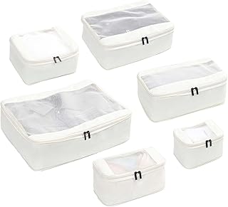مجموعة مكعبات تعبئة مضغوطة لتنظيم امتعة السفر، 6 قطع، مكعبات قابلة للتوسيع لشنط السفر الاساسية او التخزين المنزلي (SN-aePO6-ابيض)