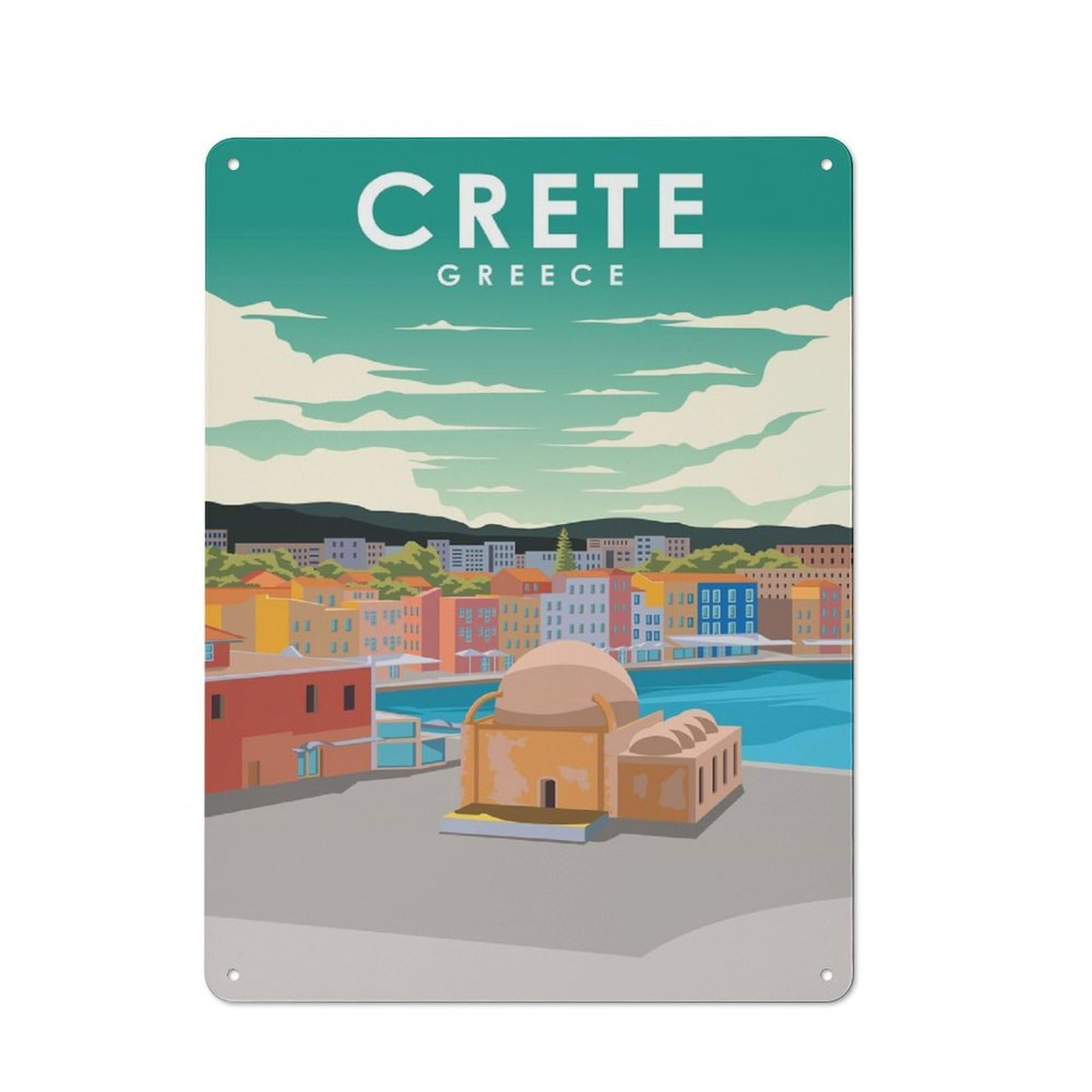 Junmoney Style-11 Urban Metal Wall Art Sign 40X30cm Featuring Crete Greece Travel, Studio Wall Art For Modern Home, Workshop, Office Or Cafe