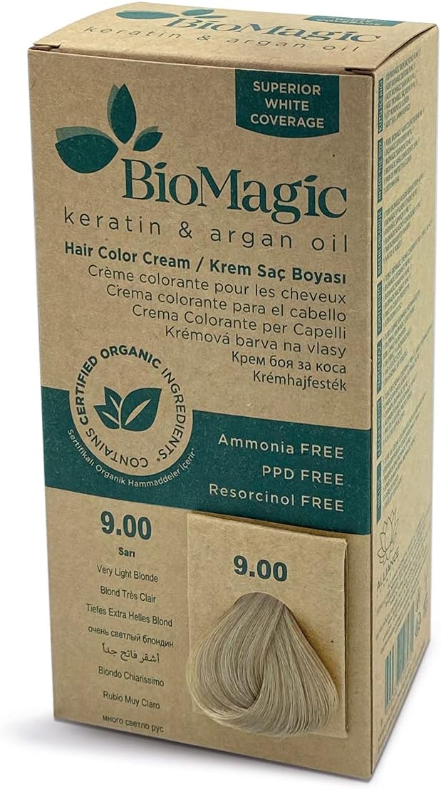 BioMagic Permanent Hair Color, Keratin & Argan Oil Line, Ammonia FREE Hair Dye, Contains Certified Organic Ingredients, Hair Coloring for a Natural Look (9.00 Very Light Blonde)