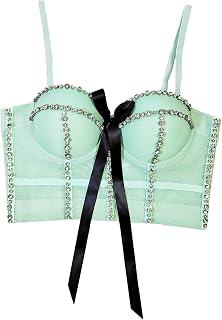 Womens Bustier Rhinestone Diamond Push Up Corset Crop Tops Punk Gothic Beaded Cami Vest Push Up Bow Tie Bras