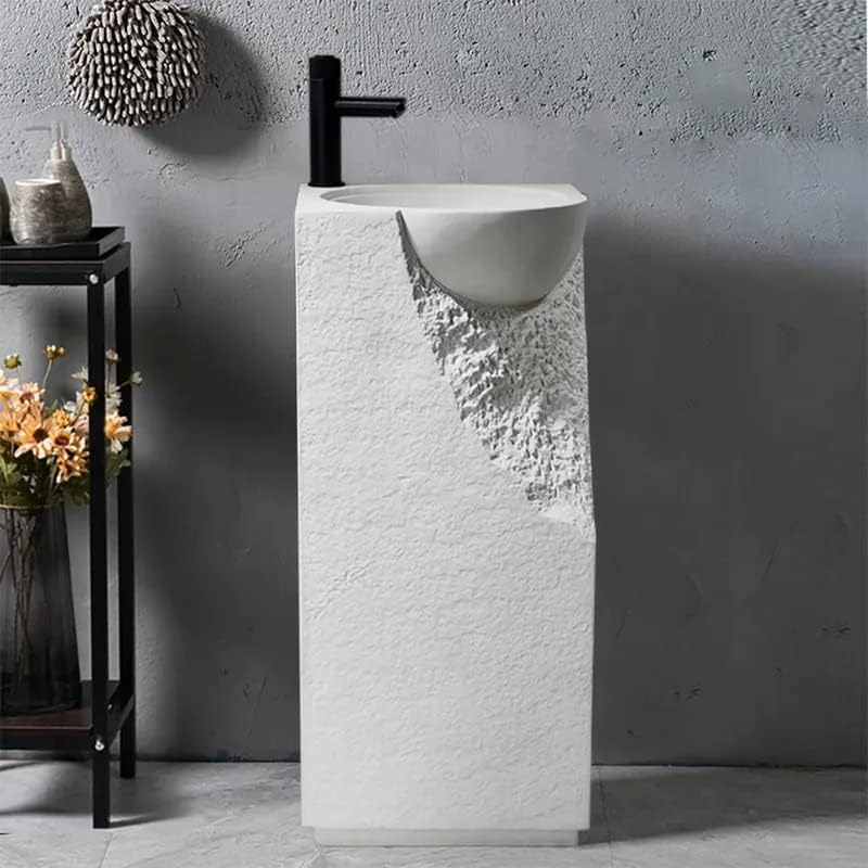 34" Pedestal Sink Japandi Tall Stone Resin Freestanding Sink with Rounded Basin in White (White)