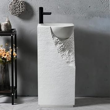 34" Pedestal Sink Japandi Tall Stone Resin Freestanding Sink with Rounded Basin in White White