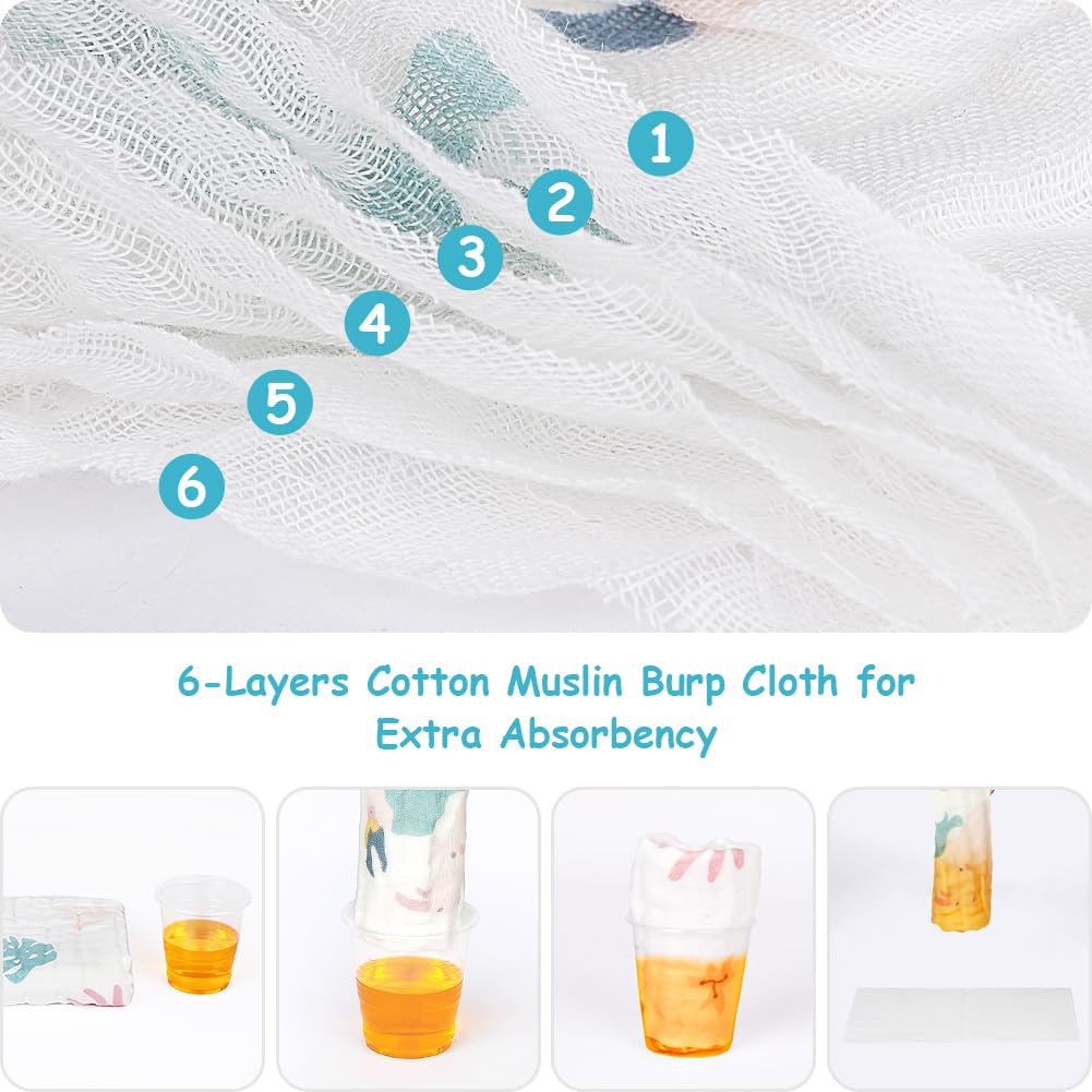 AYESY Muslin Squares Cloth for Baby,6 Pack 25cm x 50cm Burp Cloths for Baby,100% Cotton 6 Layers Extra Soft and Absorbent Baby Burping Cloth Muslin Squares for Newborn Boys Girls - Image 3