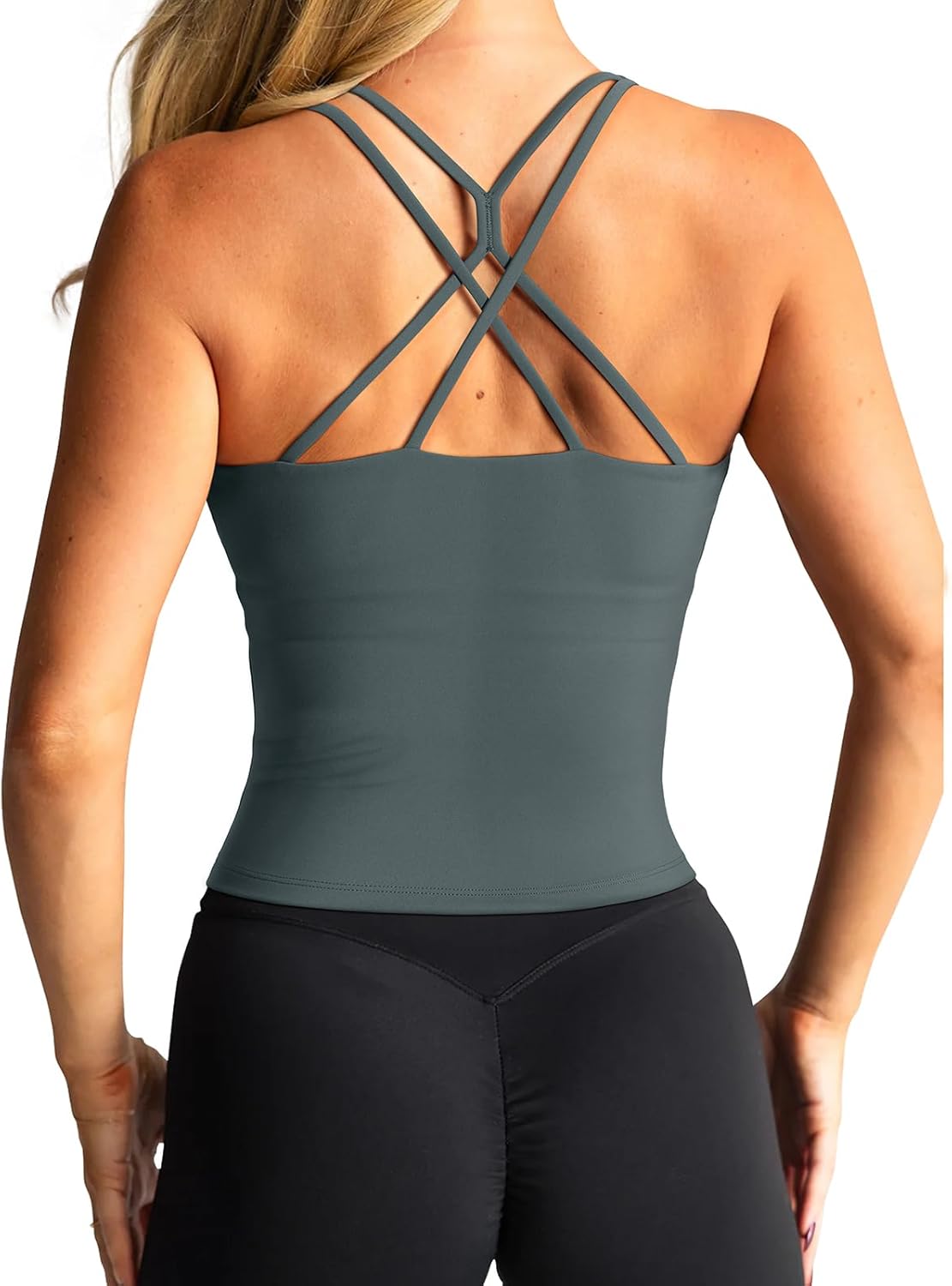 LASLULU Womens Sports Bra Strappy High Neck Longline Yoga Running Gym Tops Clothes Padded Workout Tank Tops with Built in Bra - Image 2