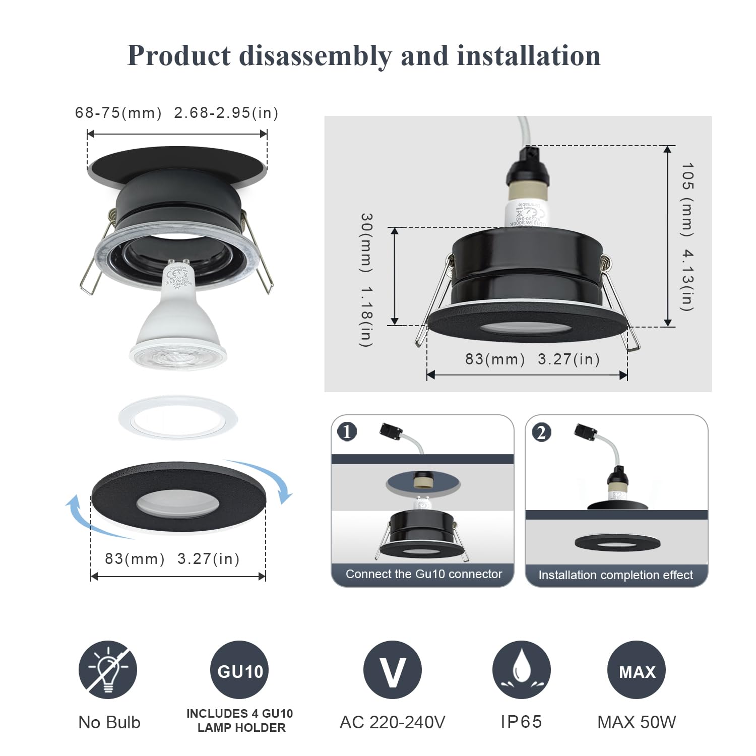 IP65 Einbaustrahler LED 5W, GU10 Deckenspots für Badezimmer Feuchtraum Wasserdichte, Einbauleuchten LED Spots 230v 68-75mm Lochmass(Ohne Lampe) 4er Set Schwarz