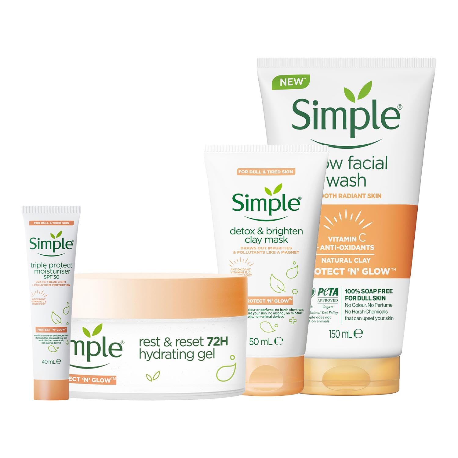 Brand Simple Protect and Glow Bundle Set includes Clay Mask 50ml, Clay Polish 150ml, Face Moisturiser Triple Protect SPF 30 40ml and Face Hydrating Gel 50ml