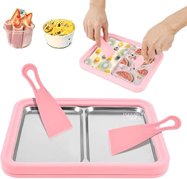 Stainless Steel Rolled Ice Cream Making Icecream Roll Tray with 2 Scrapers Diy Instant Ice Cream Maker Machine At-Home Instant Freeze Plate Frozen Yogurt Pan for Slushies SorbetLarge pink pair