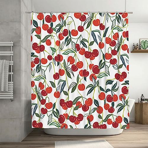 Ohocut Cherry Shower Curtains, Allover Fruits Shower Curtain Cute Bright Colorful Design, Green Leaves Plant Boho Shower Curtains for Bathroom, Waterproof Fabric Decorative Bathroom Shower Curtain