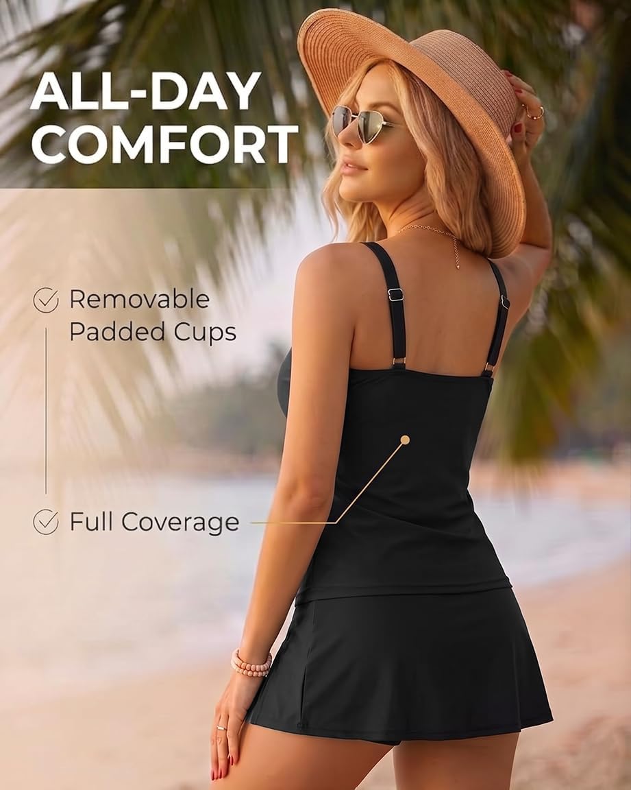 Womens Two Piece Tankini Bathing Suit with Skirt Tummy Control Swimwear