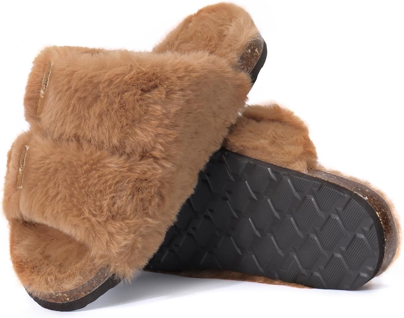 Rainlin Women's Fuzzy Slippers Comfy Cork Footbed Fluffy Slides Open Toe Indoor Outdoor House Shoes with Arch Support Brown Size 11 - Image 5