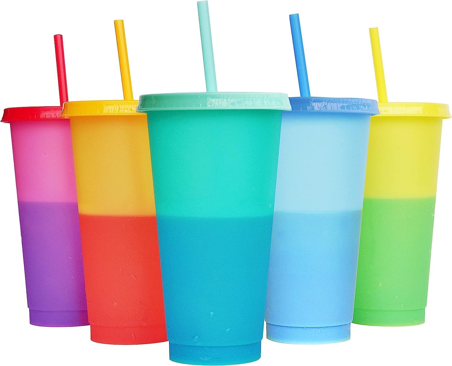Color Changing Cups, Reusable Plastic Tumblers with Lids & Straws, Magic Colored Party Iced Water Coffee Drinking Travel Mugs - 24oz Cold Drink Cup for Adults Kids (5 PCS)