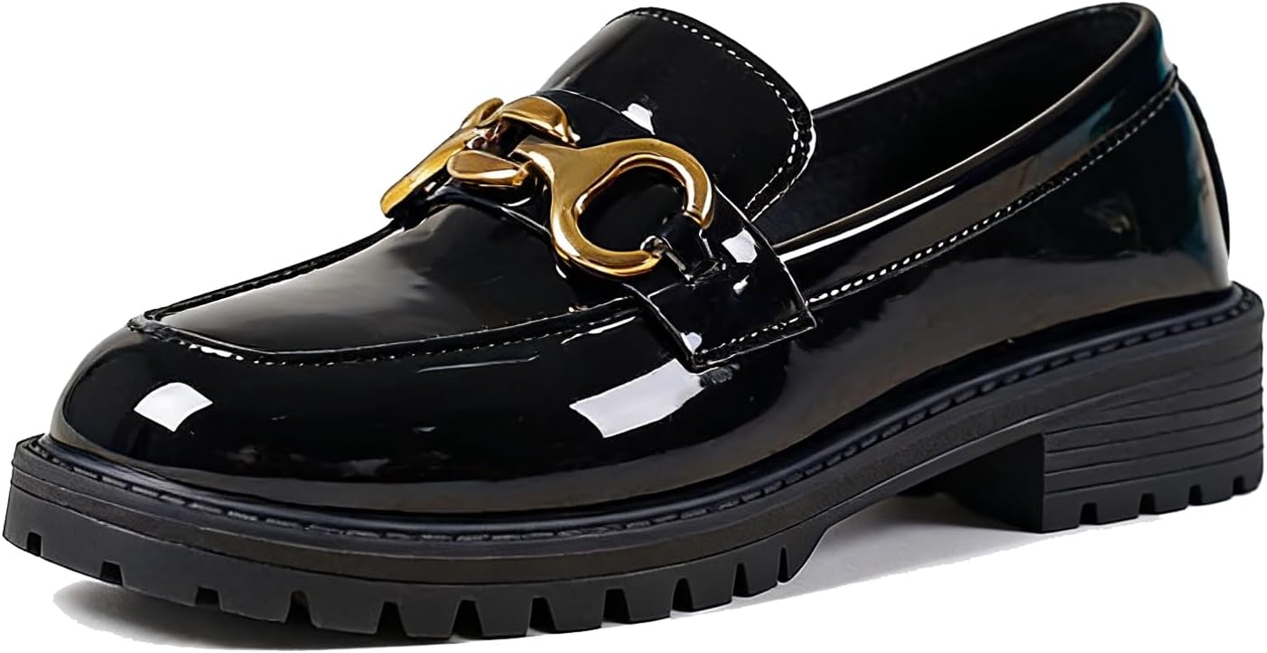 Chunky Heel Loafers for Women with Metal Buckle Glossy Patent Leather Comfortable Round Toe Anti-Slip Lug Sole Slip On Penny Loafers Casual Work Business Dress Shoes
