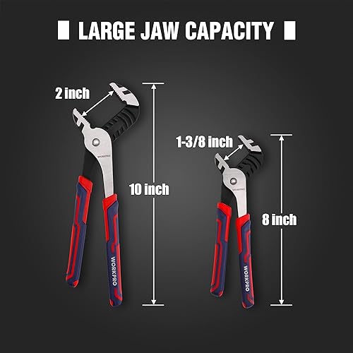 Miniatura 4 de WORKPRO Juego de 2 alicates para juntas de ranura, alicates de bomba de agua ajustables de 10 y 8 pulgadas, alicates de lengüeta y ranura de