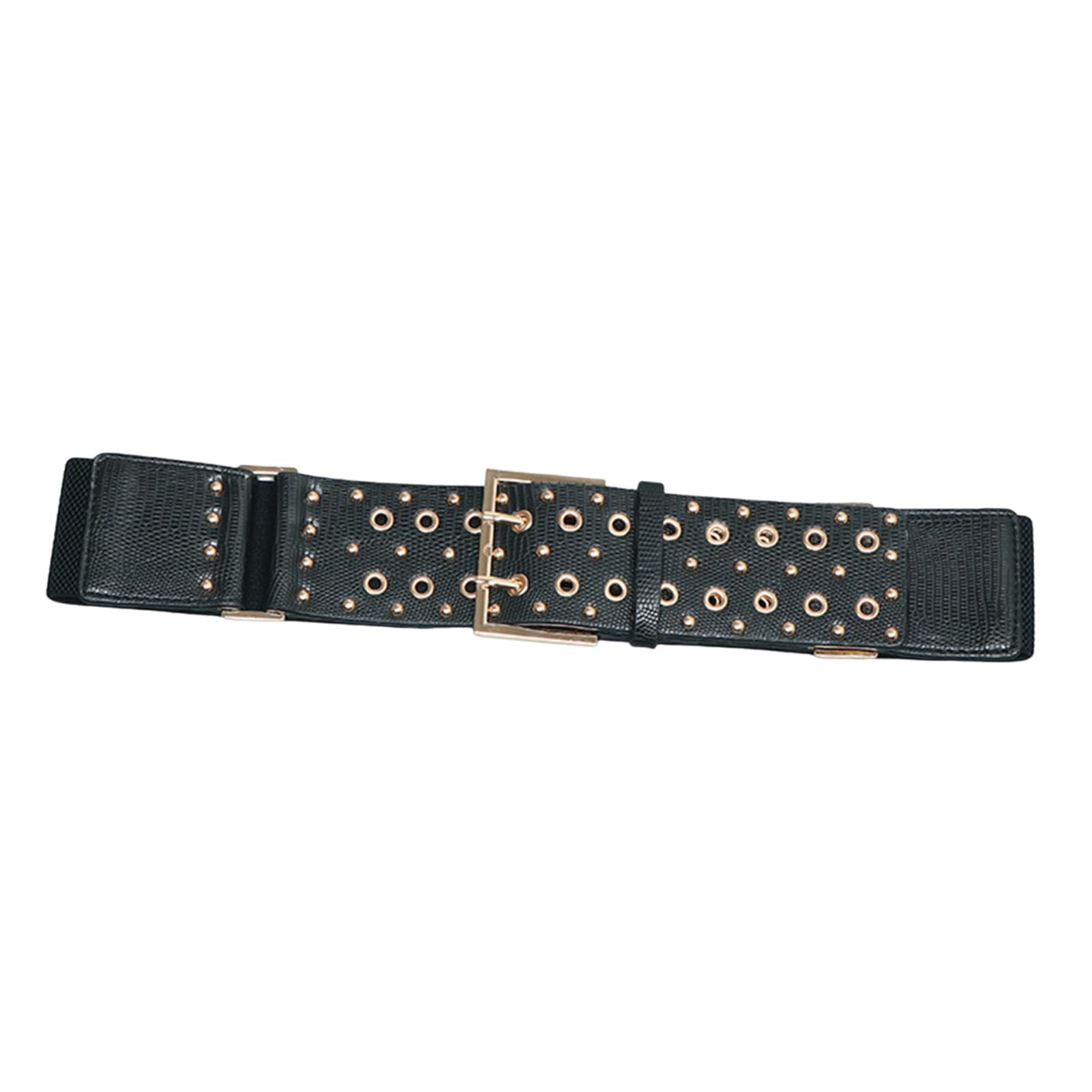 Cinturón Elástico Con Doble Ojal For Mujer: Remaches Circulares Vintage Tachonados, Cincha De Cintura Elástica 2,5 Pulgadas Ancho, Beige (95 Cm/cintura 30 "~ 32")