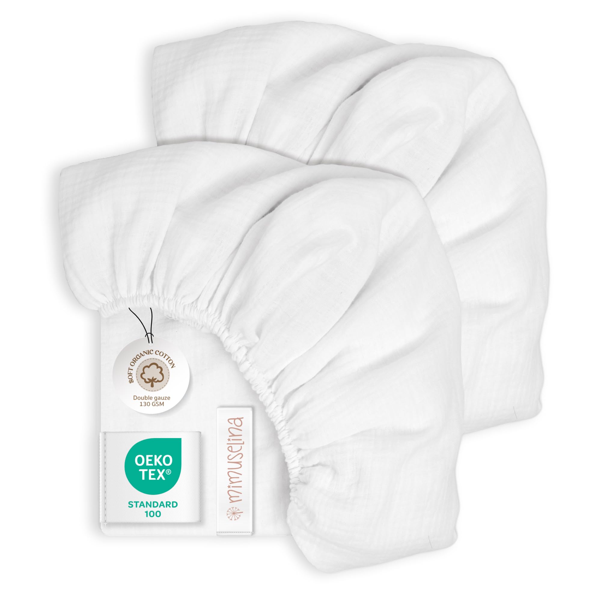Mimuselina Spannbettlaken 70x140 Baby – 2er-Pack Bettlaken 140x70 aus 100 % weicher, atmungsaktiver Musselin-Baumwolle [Weiß + Weiß]