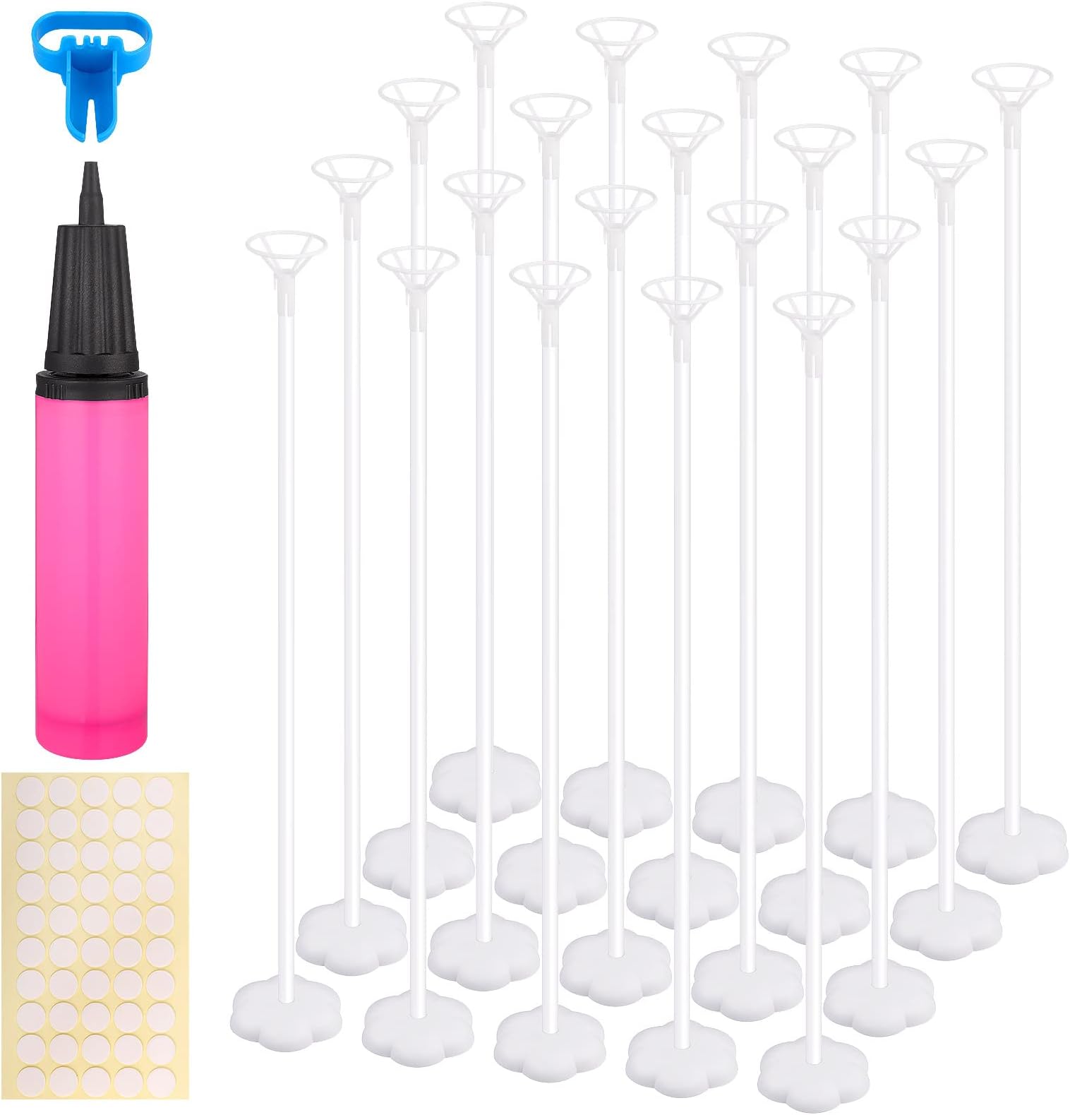 Hejo Balloon Stand Holders Kit, Reusable 20 Set Balloon Sticks and Cups + 1 Balloon Pump + 1 Balloon Knot Aid + 50 Double-Sided Adhesive, Balloon Sticks for Birthday Wedding Graduation and Party