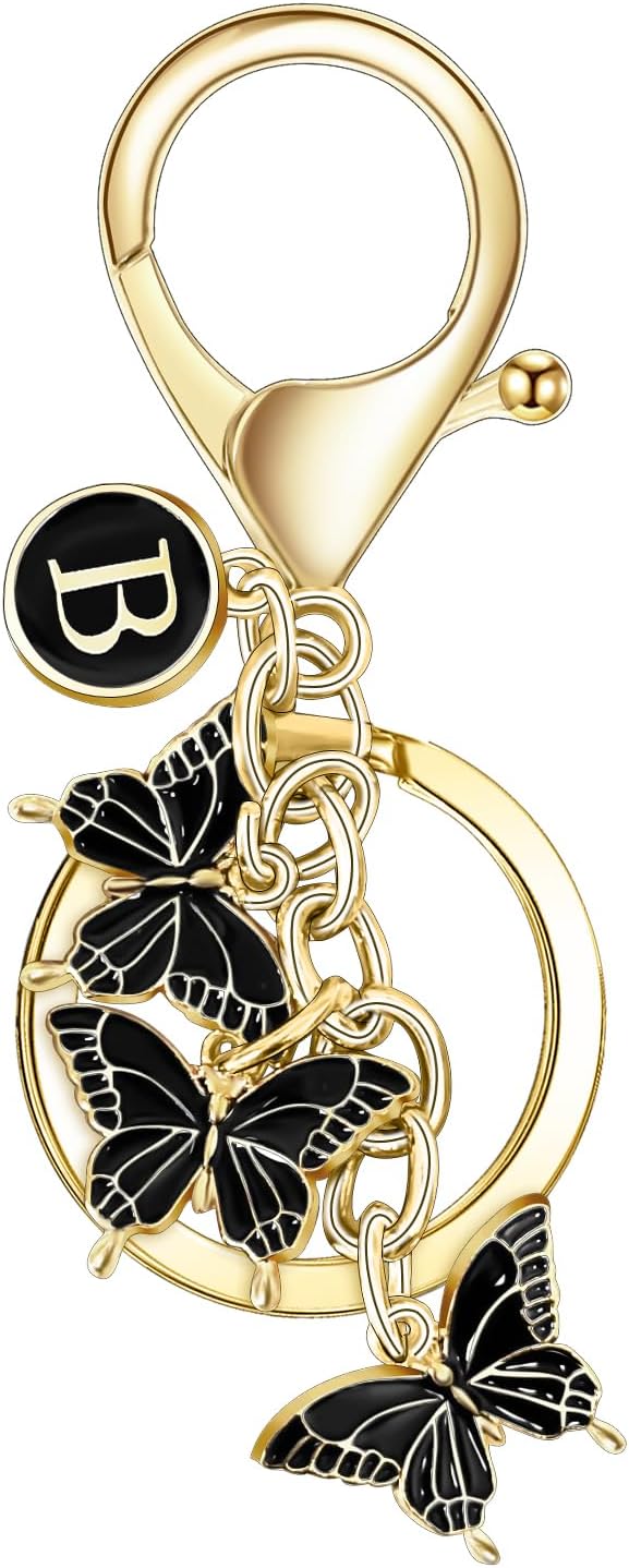 Initial letter Keychain for Women,Pink Butterfly bag Charms Cute Letter Keychain for Handbag Purse