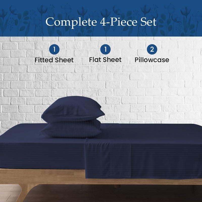 900-Thread-Count 100% Egyptian Cotton Sheets, Luxrious 6-PCs Sheet Set, Soft and Silky, Fits Mattress Upto 21-23'' Deep Pocket (Twin, Navy-Blue Stripe)