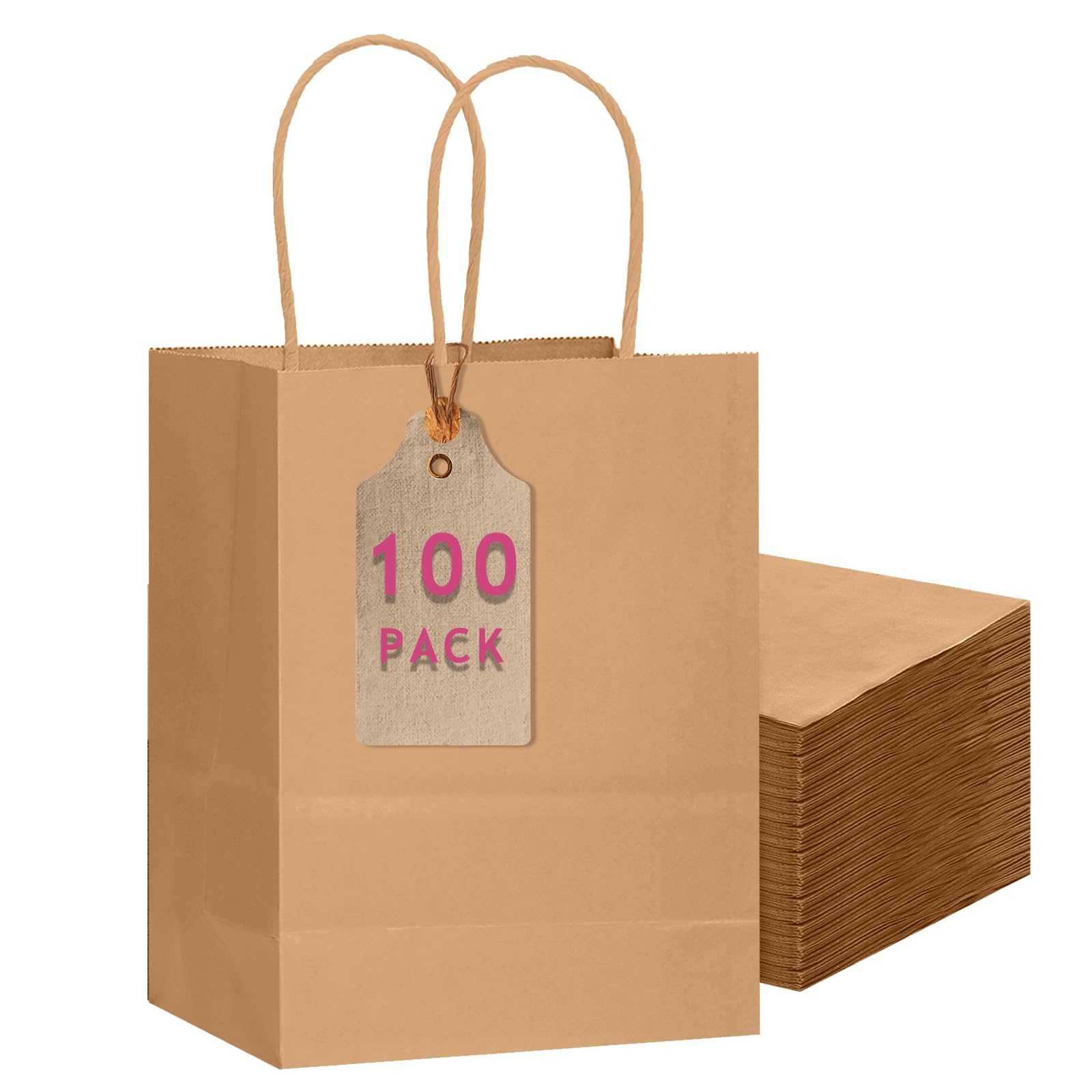 qiqee 100-Pcs Medium Size Paper Gift Bags with Handles Bulk 7.6"x4.75"x10.5" Brown Gift Bags Multiple Uses