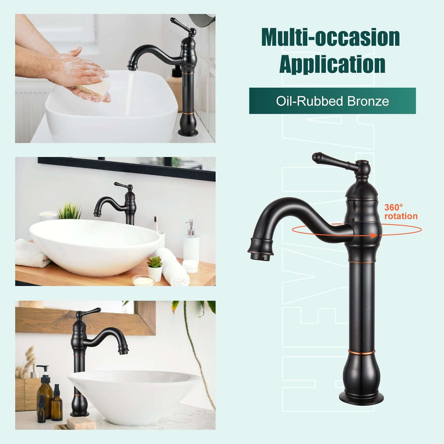 Heyalan Vessel Sink Faucet Tall Bathroom Faucet Single Handle 1 Hole High Spout with Drain Material 360 Degree Adjustable Lavatory Vanity Mixer Tap,Straight Body,Oil Rubbed Bronze