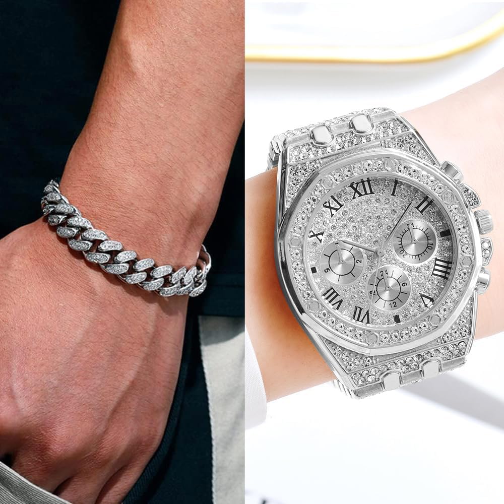 Apzzic Diamond Iced Out Watch CZ Gold Plated 40mm Width Roman Numerals Dial Quartz Wristband Watch for Men Women