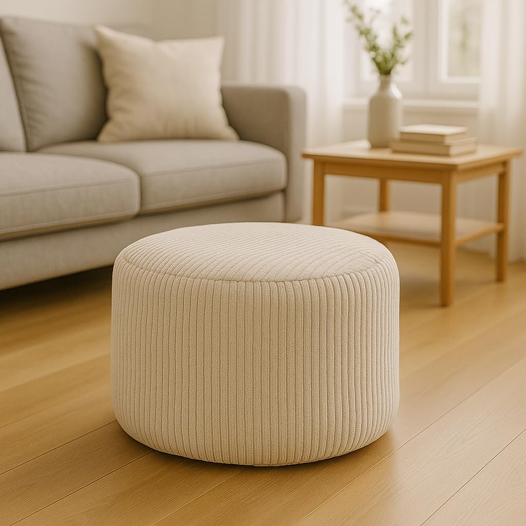 chilly pilley Repose Pieds Pouf De Jeu en Velours Côtelé Tabouret Étanche Housse Amovible avec Rembourrage Eps Coussin De Siège Rond pour Enfants Et Adultes Plusieurs Couleurs Au Choix (Crème)