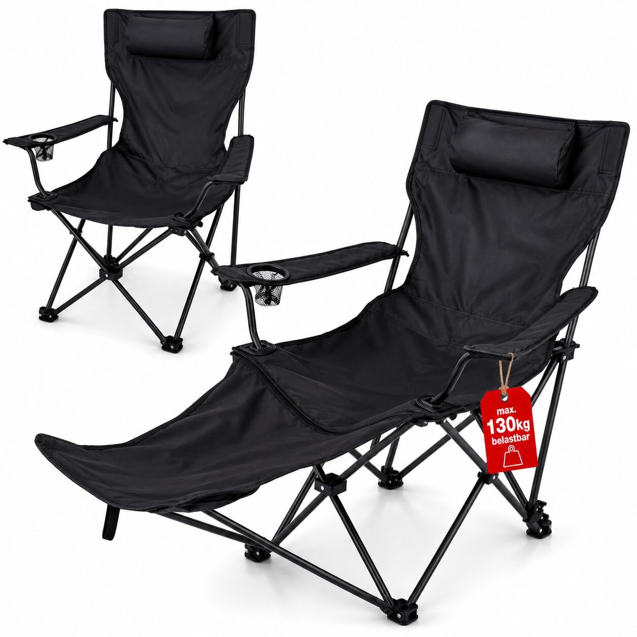 Verstellbarer Campingstuhl mit Fußablage Campingstuhl faltbar bis 130 kg | Outdoor Relaxsessel mit Hoher Rückenlehne, Getränkehalter & Tragetasche - Faltbarer Campingstuhl mit Beinauflage für Camping