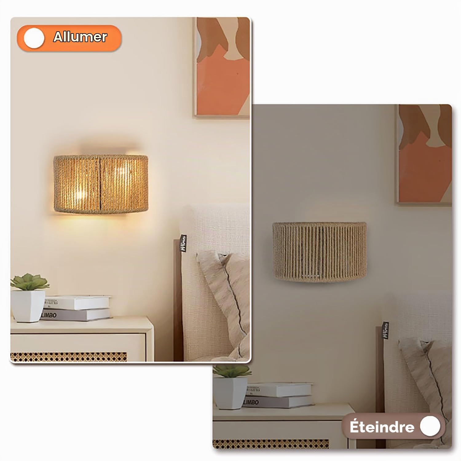E27 Applique Murale RVB Dimmable Lampe Murale avec Télécommande Corde Chanvre Rotin Bohème Lampe Murale Intérieure Éclairage Mural Retro Luminaires Intérieur pour Salon Chambre Couloir Salon