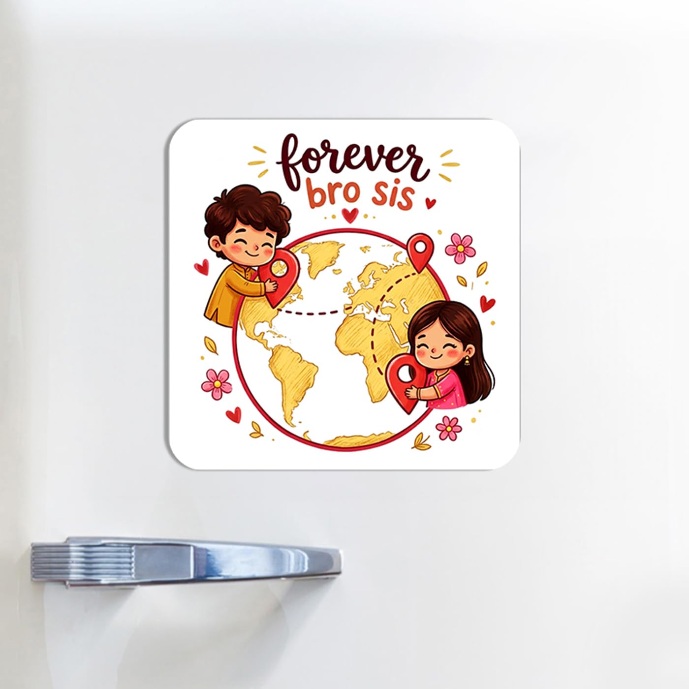 MAKEPHOTOGIFT Long Distance Brother Sister Fridge Magnet Gift for Raksha Bandhan | Forever Bro Sis Cute Chibi Design | Rakhi Gift for Brother & Sister | Decorative Refrigerator Magnet | 3.5 x 3.5 Inch-picture-12