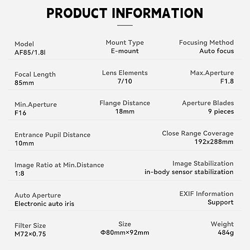 Miniatura 8 de VILTROX Lente de fotograma completo de 3.346 in f1.8 F1.8 Mark II para cámara Sony, se adapta a cámara Sony E-Mount A7II A7III A7RIII A7SIII A7II