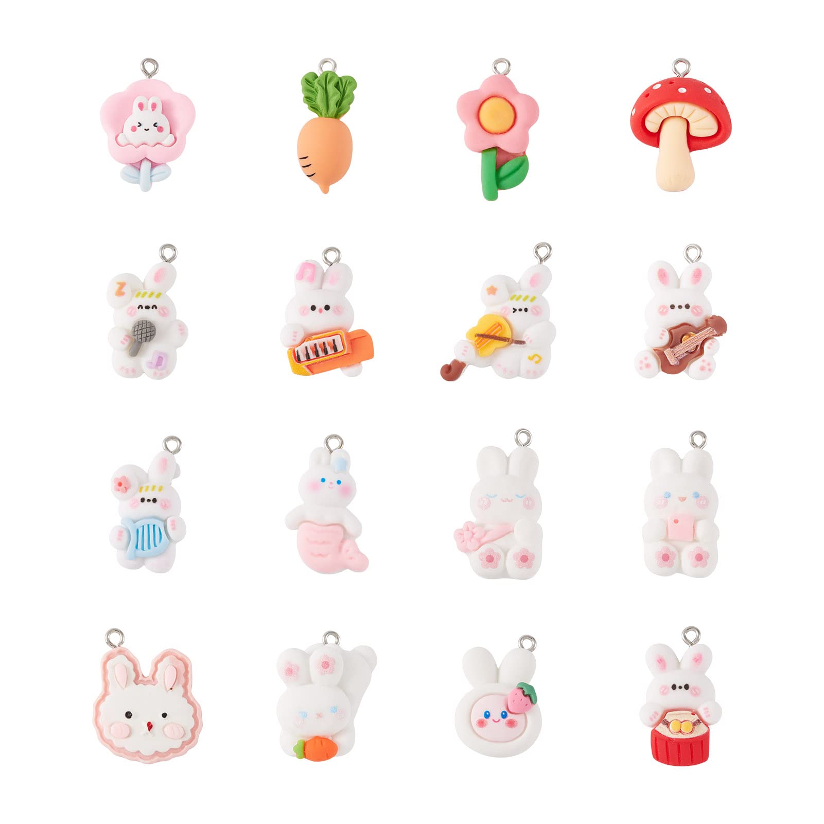 Bestewelry 32Pcs Bunny Resin Charm 3D Rabbit Pendants Cute Animal Dangle Charms 16 Styles Cartoon White Rabbit Ornaments Pendant for Bracelet Necklace Earrings Keychain DIY Craft, Resin, No Gemstone
